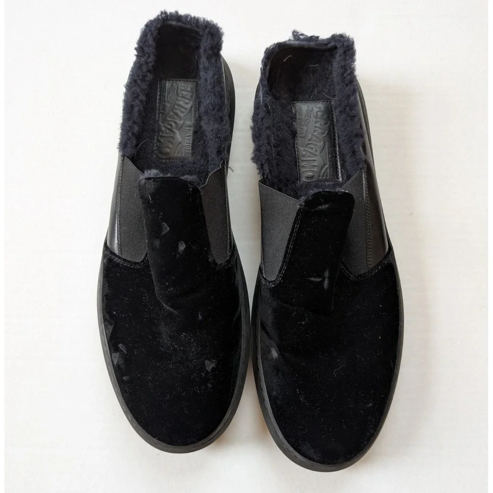 Salvatore Ferragamo‎ Mens Size 10 Douglas Black Velvet Slipper Loafer Shearling SALVATORE FERRAGAMO Size 11 Black Velvet Fur Lined Slip  main image 2